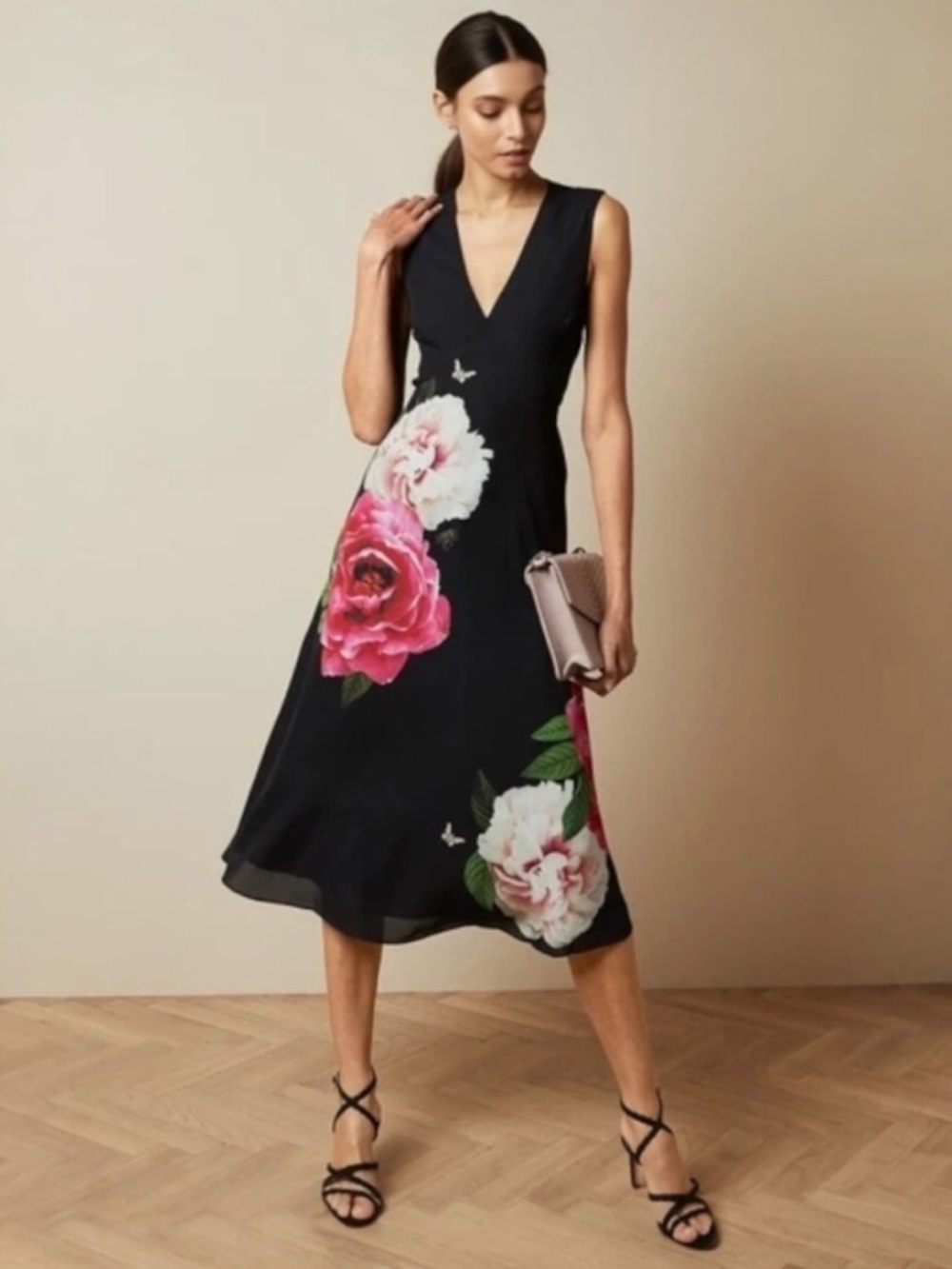 Ted Baker Black Ulna Magnificent Midi Dress with Pink & White Floral Print